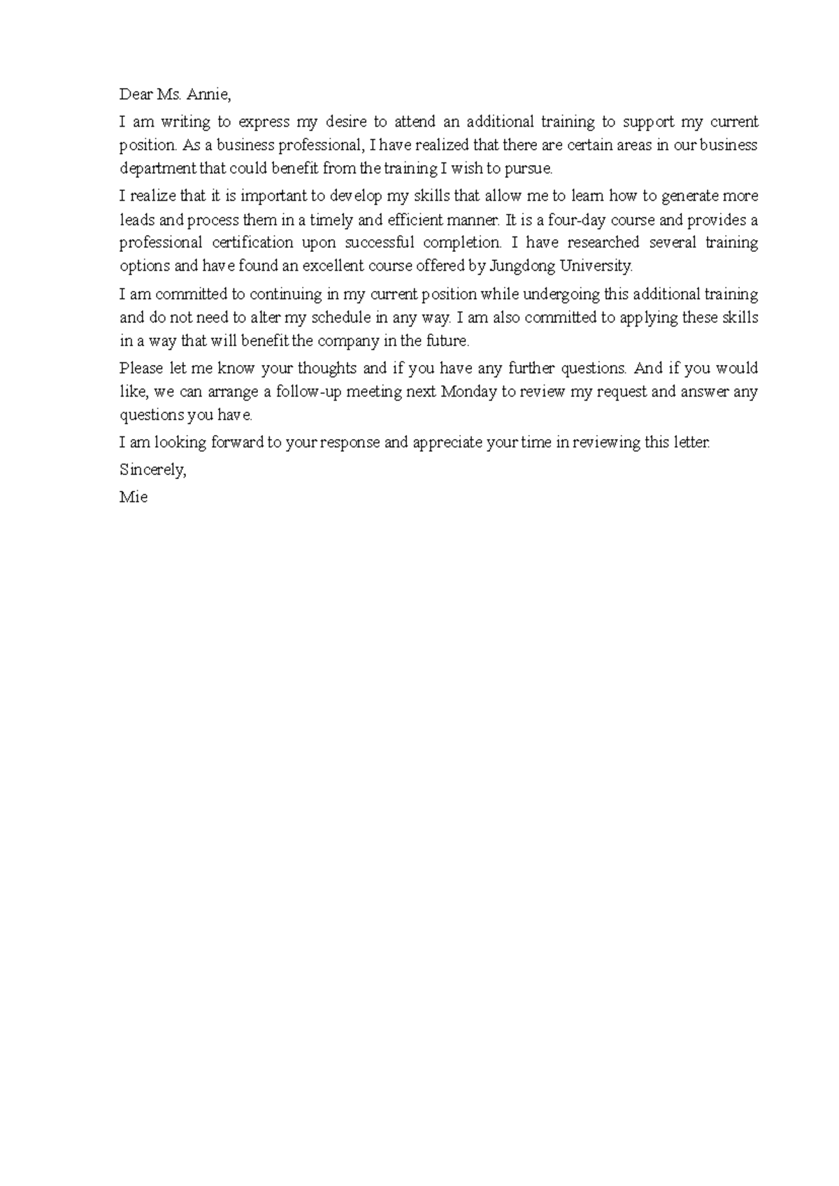 Email Request for Additional Training - Tiếng Anh Thương Mại - Studocu