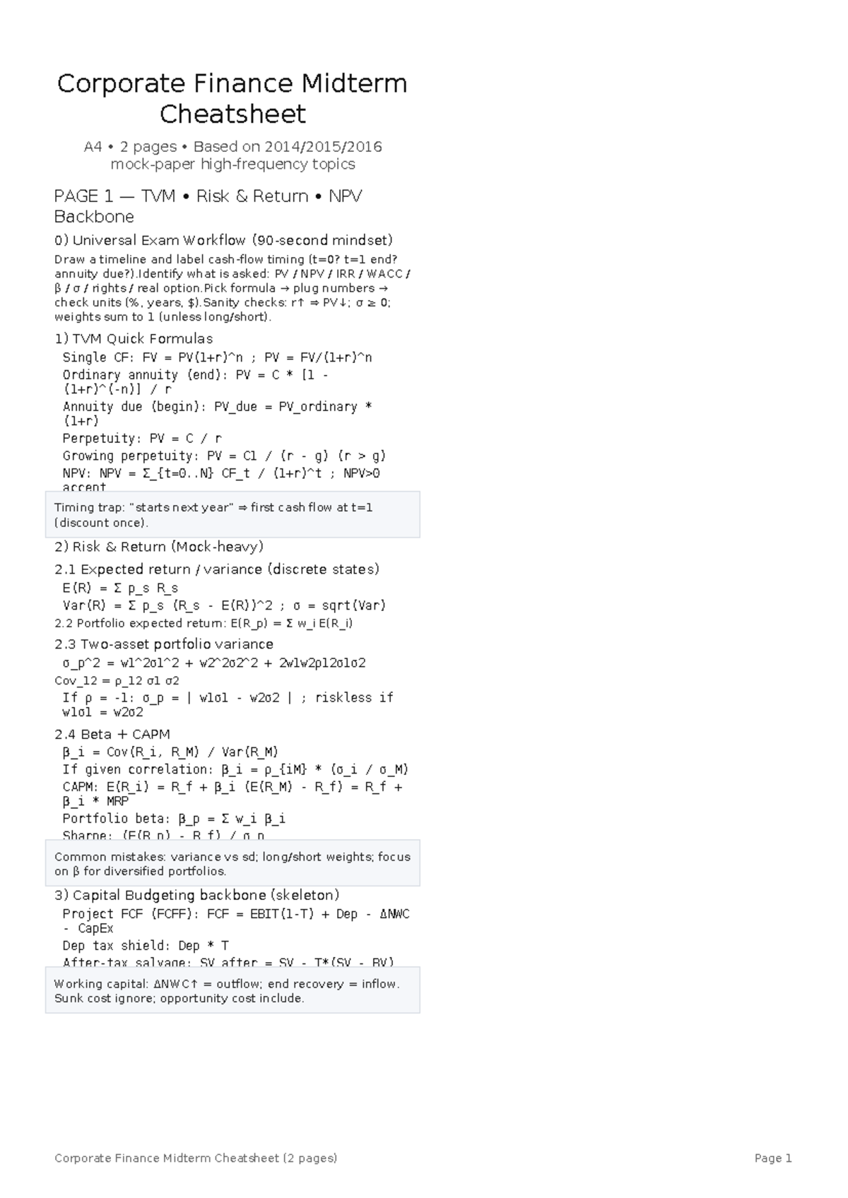 Corporate Finance Midterm Cheatsheet (A4) - Key Concepts & Formulas ...