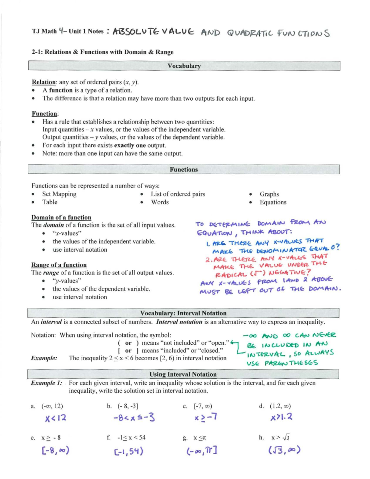 TJ Math 4 Unit 1 Notes: Functions, Domain, Range, and Transformations ...