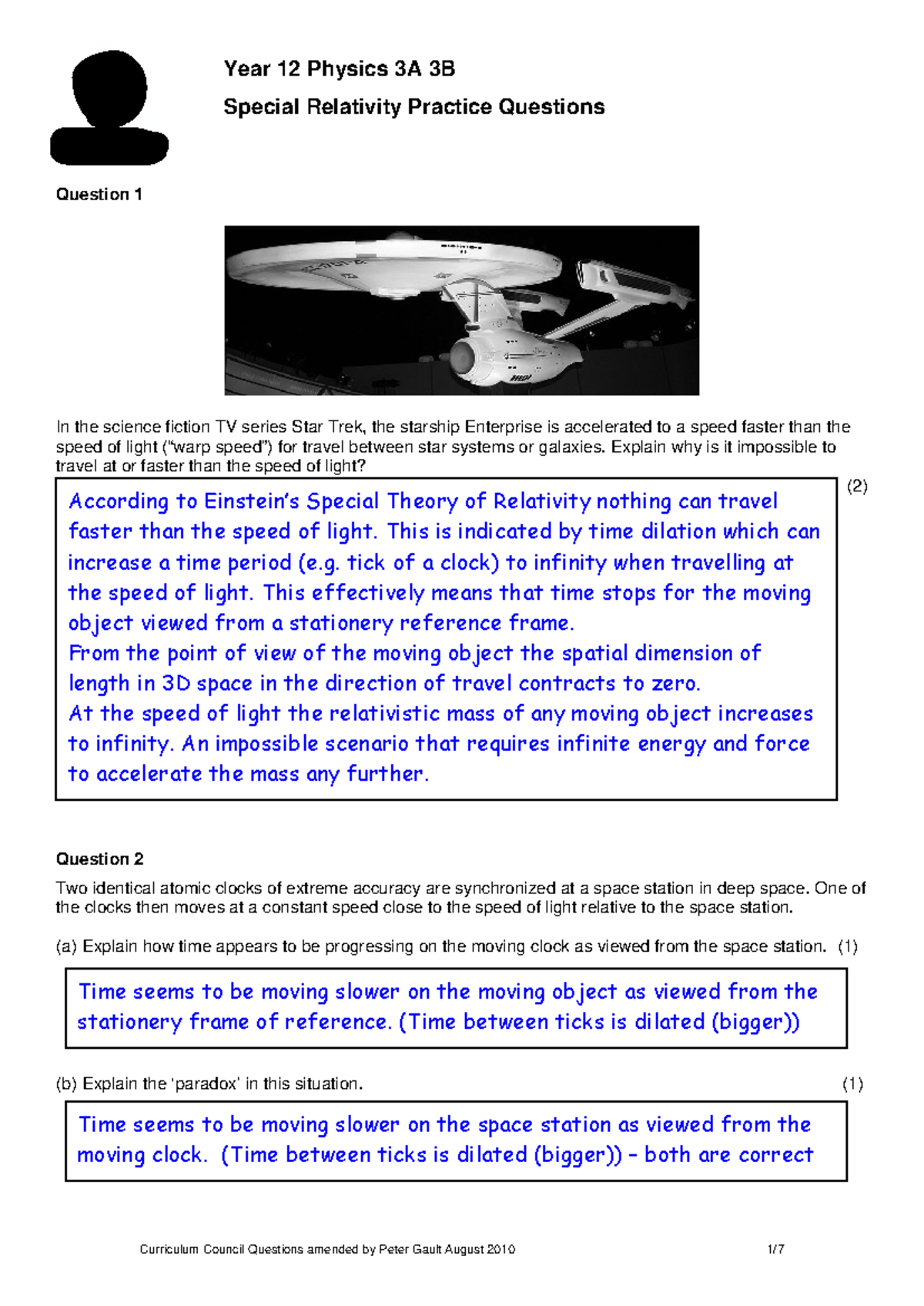Special Relativity Practice Solutions - Year 12 Physics 3A 3B Special ...