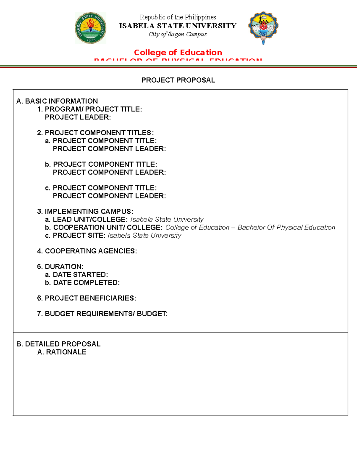 BPE 2023 Project Proposal for Bachelor of Physical Education - Studocu