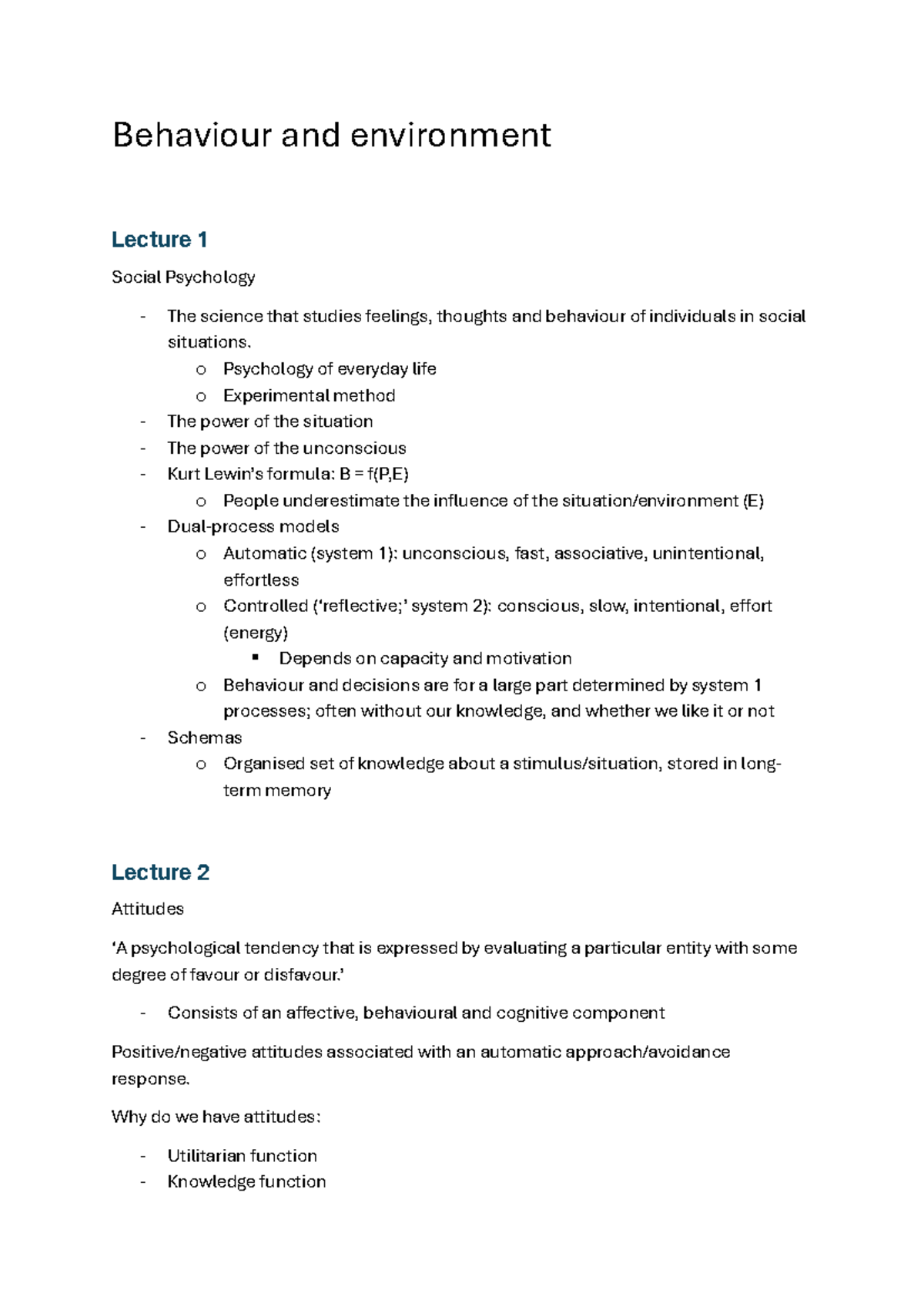 Behaviour and Environment 1: Social Psychology Lecture Notes - Studeersnel