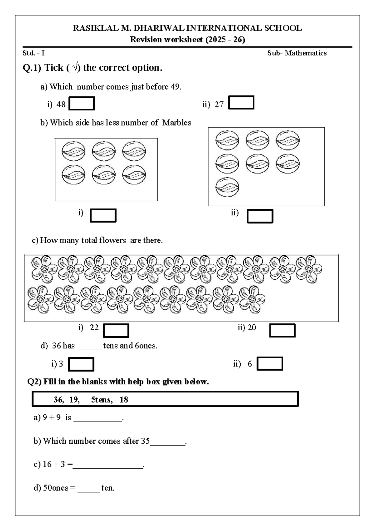 Std. I Mathematics Revision Worksheet (2025-26) - Studocu