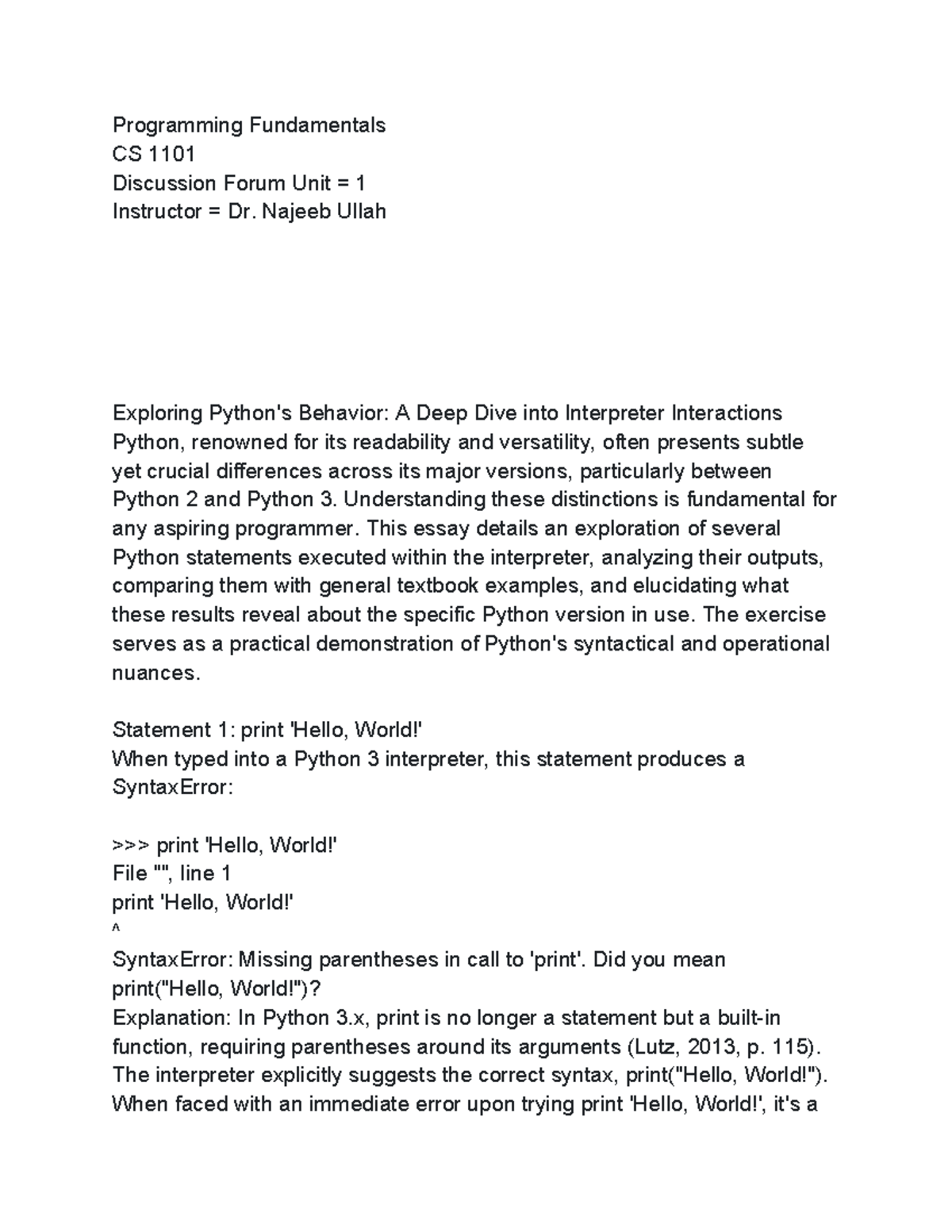 CS 1101 - Discussion Unit 1: Exploring Python 2 vs 3 Interpreter ...