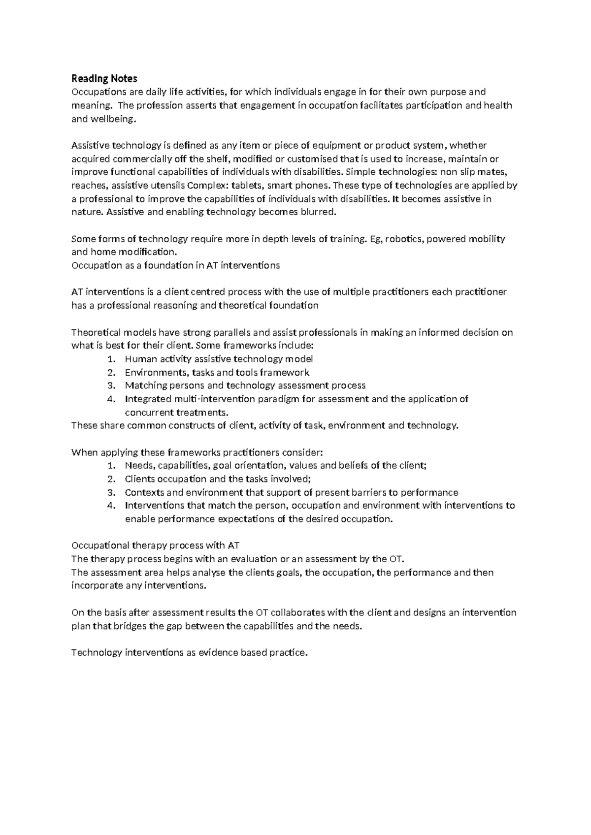 Assistive Technology in Occupation: Reading Notes for OT 101 - Studocu