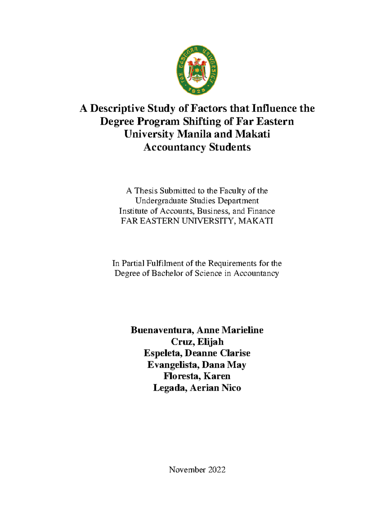 Factors Influencing Degree Program Shifting of FEU Accountancy Students ...