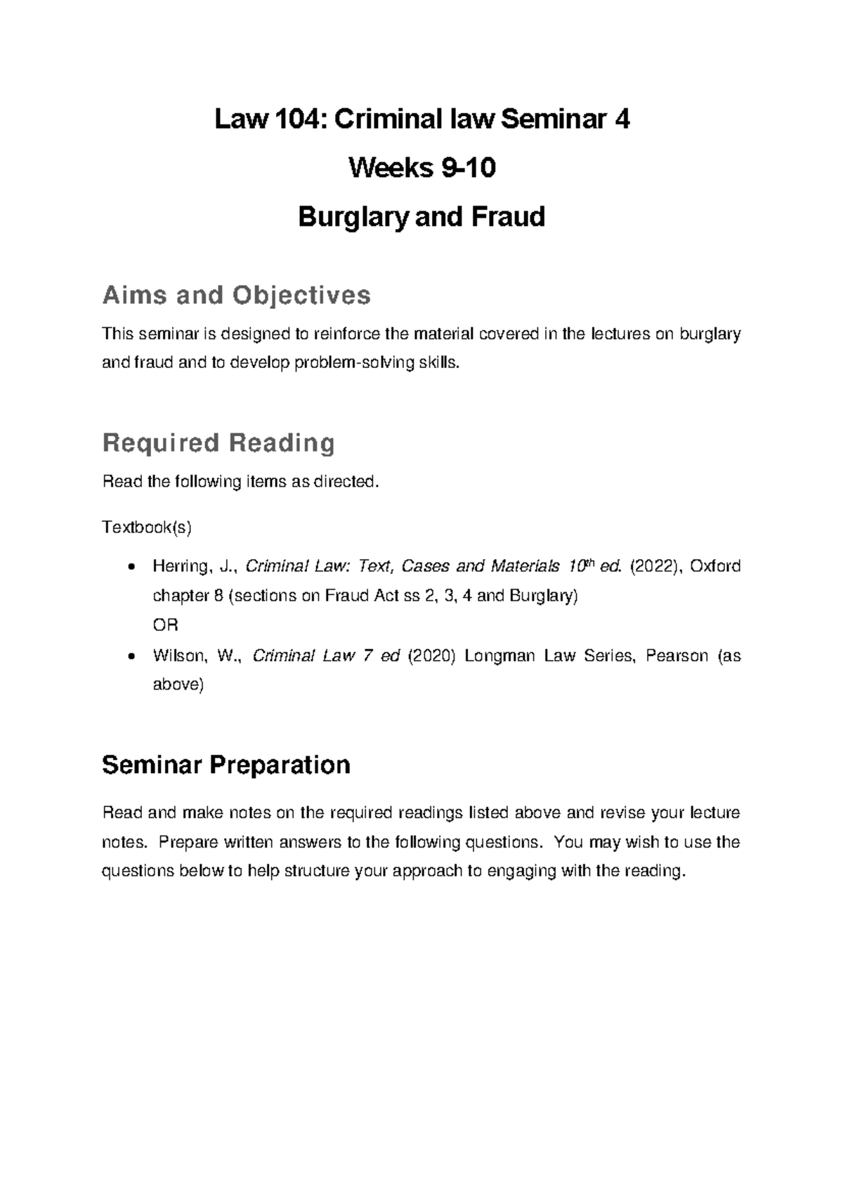 Burglary and Fraud 2022 - Law 104: Criminal law Seminar 4 Weeks 9 ...
