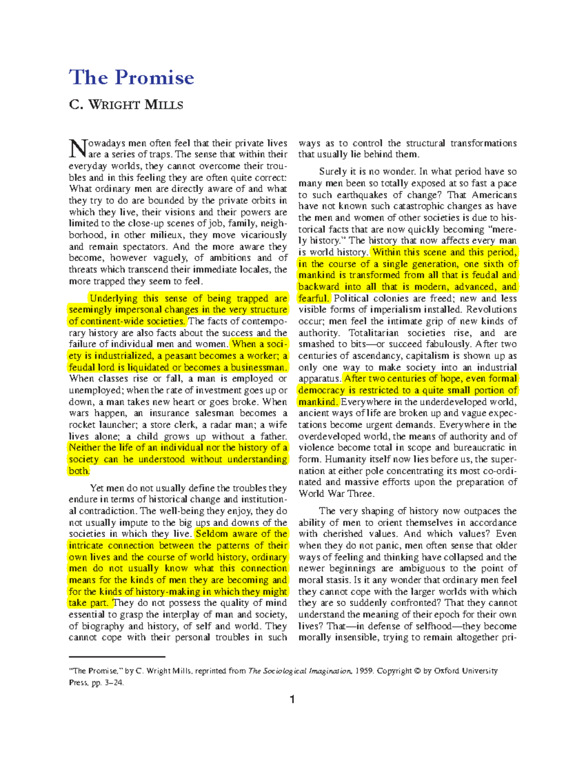 C. Wright Mills: The Promise of the Sociological Imagination - Studocu