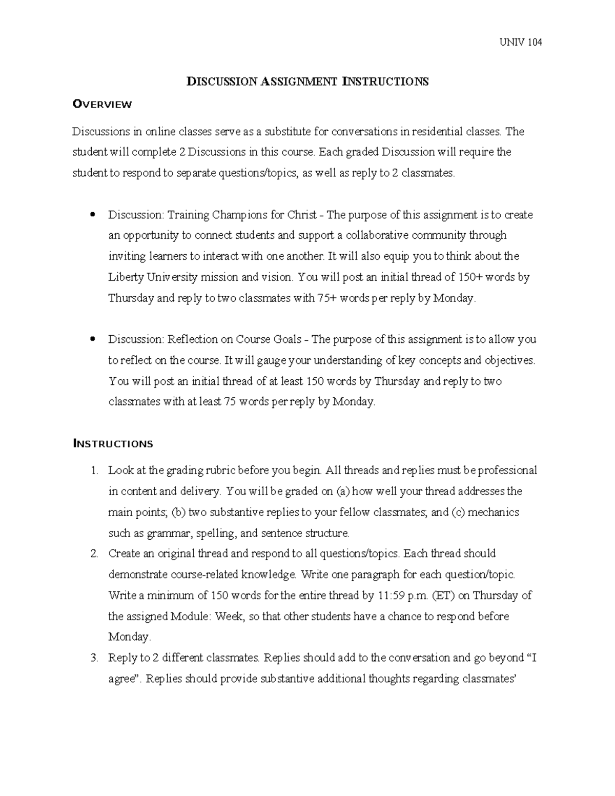 Discussion Assignment Instructions - UNIV 104 DISCUSSION ASSIGNMENT ...