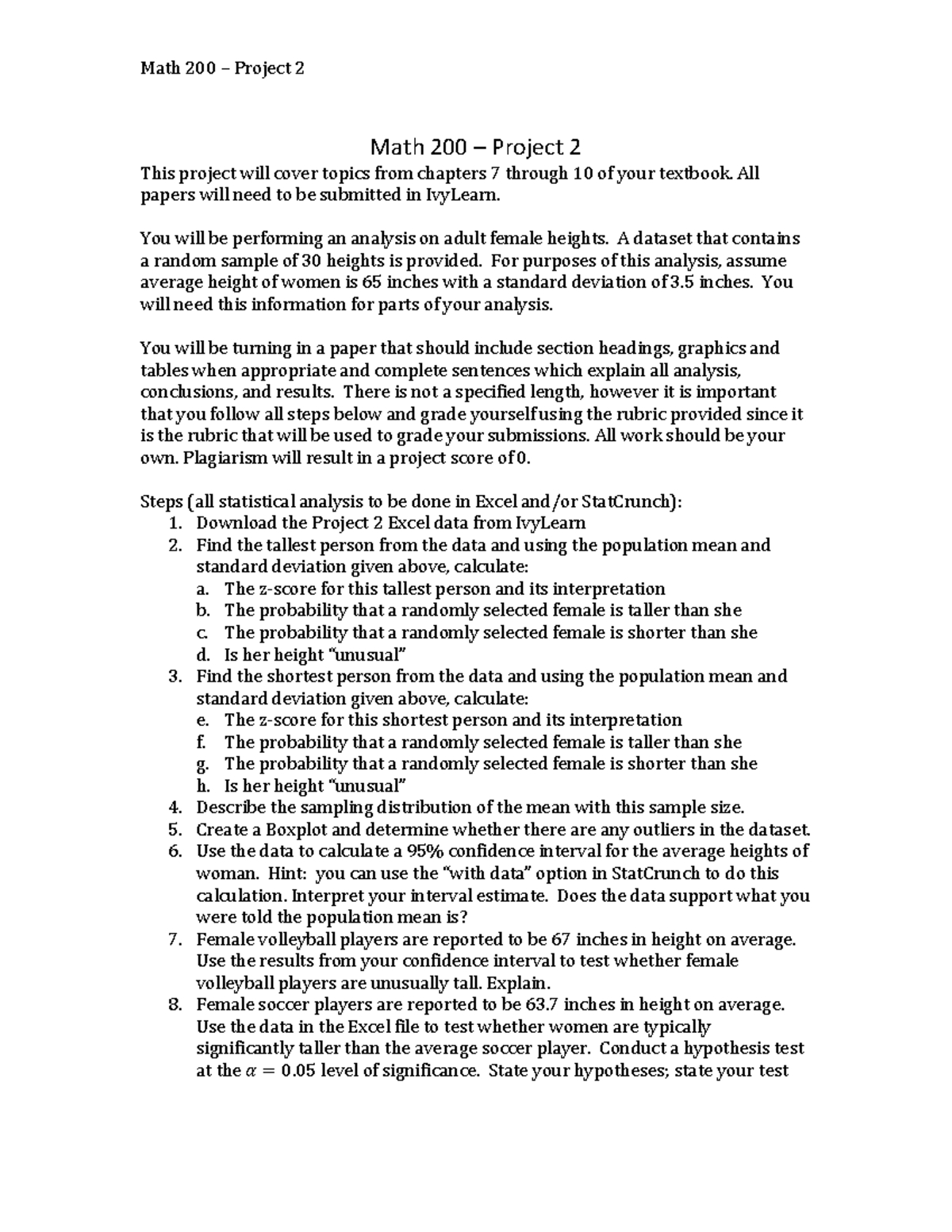 Math 200 - Project 2: Analysis of Female Heights & Statistical ...
