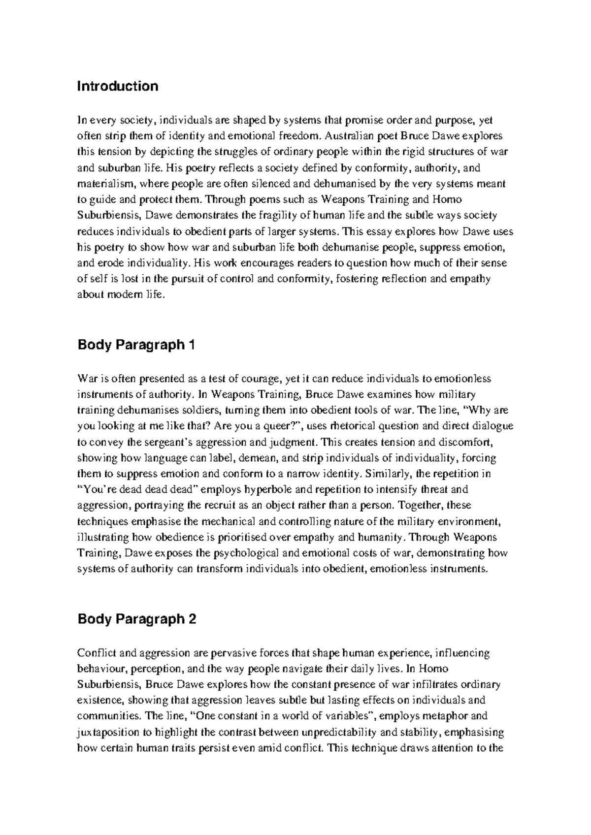 Bruce Dawe Essay - Exploring Dehumanisation in War & Suburbia - Studocu