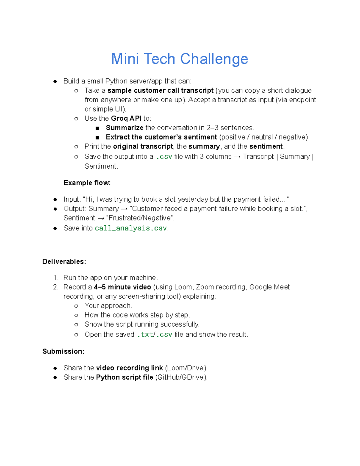 Mini Tech Challenge - Python Script for Customer Call Analysis - Studocu