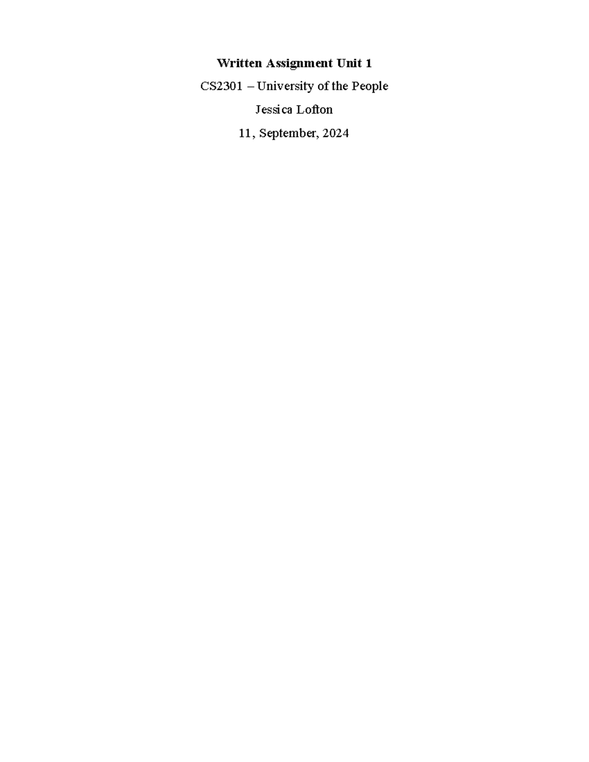 CS2301 Written Assignment Unit 1 - Written Assignment Unit 1 CS2301 ...