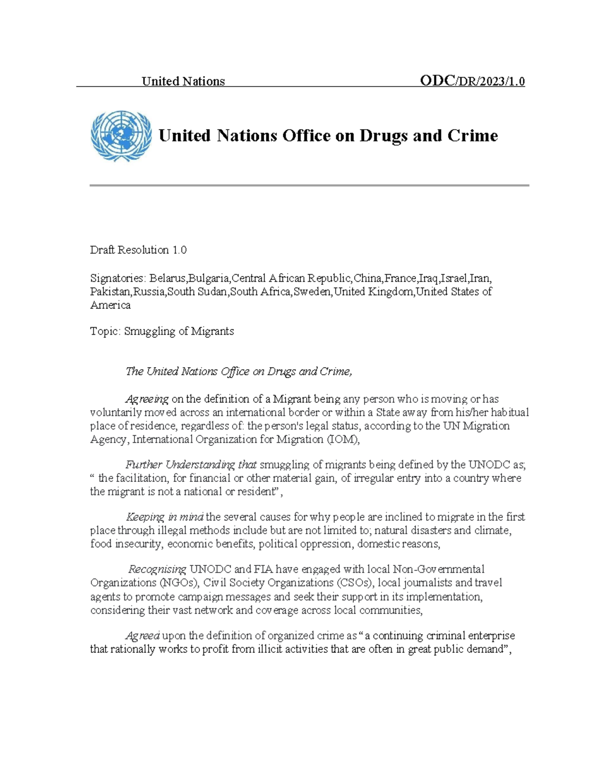 Draft Resolution 1: Addressing Migrant Smuggling - UNODC Initiatives ...