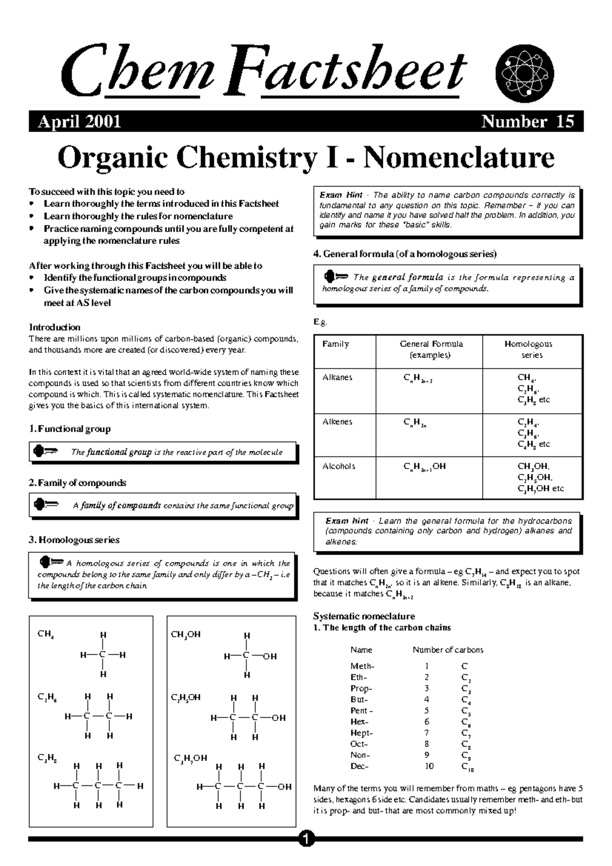 Factsheet 15: Organic Chemistry I - Nomenclature Guide - Studocu