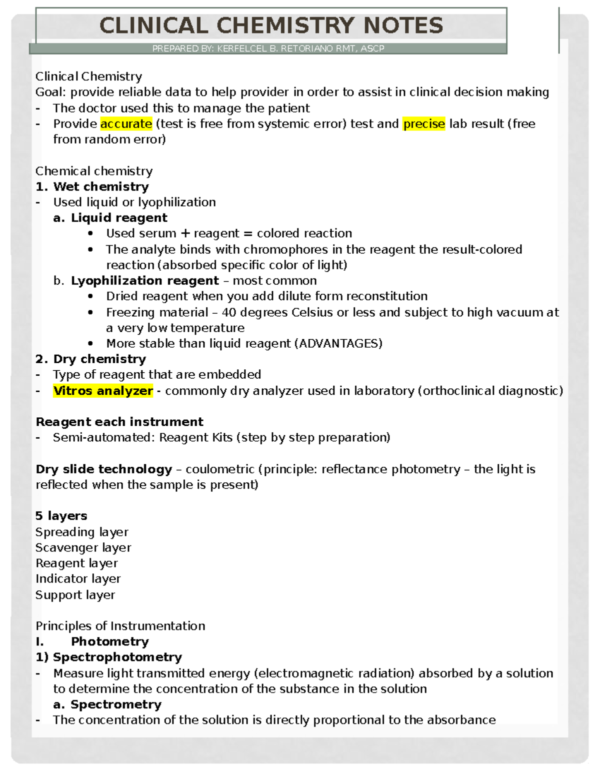 Clinical Chemistry Lecture Notes: Key Concepts and Instrumentation ...