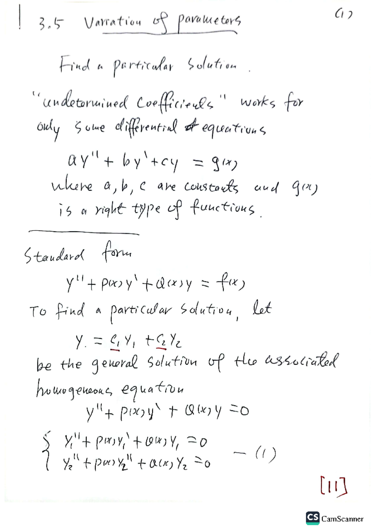 Lecture 11 - Notes on Chapter 11 - 3 Variation of parameters (1) Find a ...
