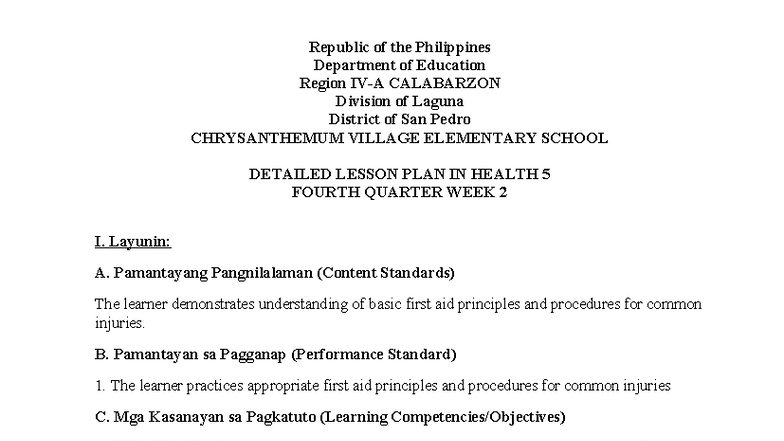 Detailed Lesson Plan on First Aid for Health 5 (Fourth Quarter) - Studocu