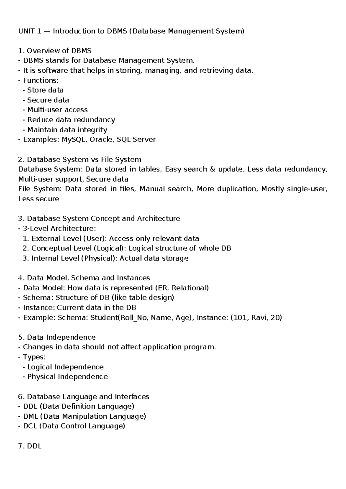 Unit 1 & 2 DBMS and SQL Overview - Key Concepts and Architecture - Studocu