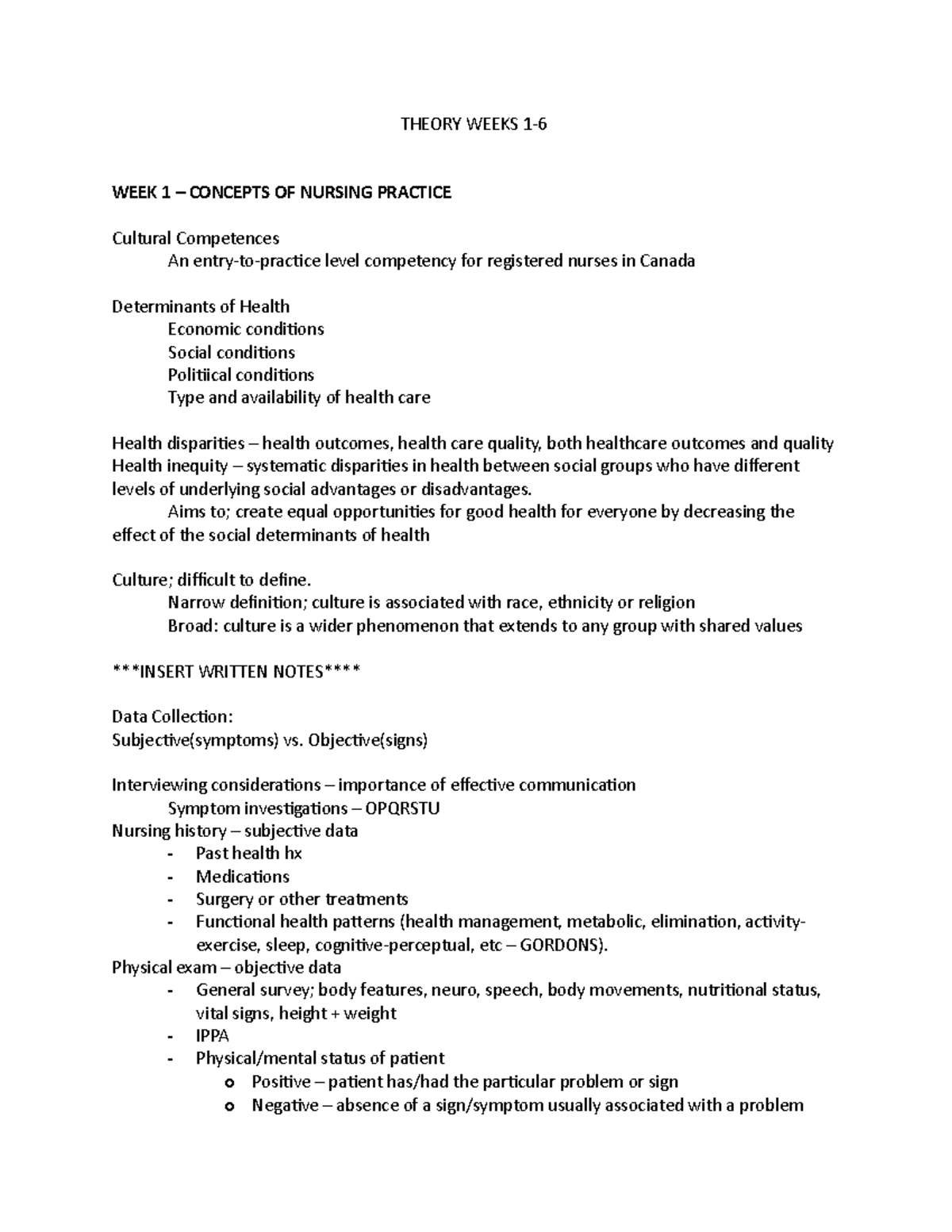 Theory Weeks 1-6 - THEORY WEEKS 1- WEEK 1 – CONCEPTS OF NURSING ...