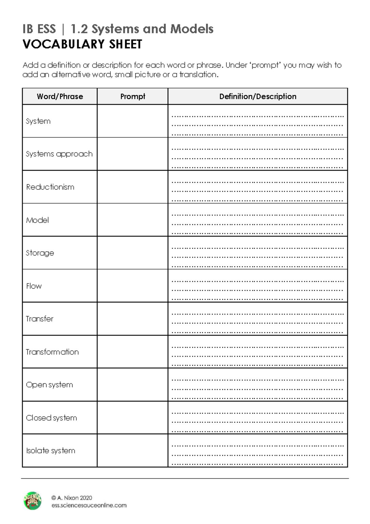 1 - ESS VOCABULARY Sheet - IB ESS | 1 Systems and Models VOCABULARY ...