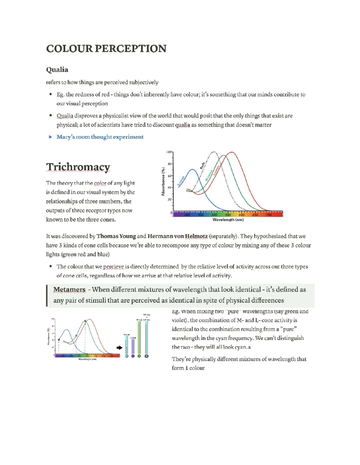 COLOUR PERCEPTION Lecture Notes: Qualia, Trichromacy & Mixing - Studocu