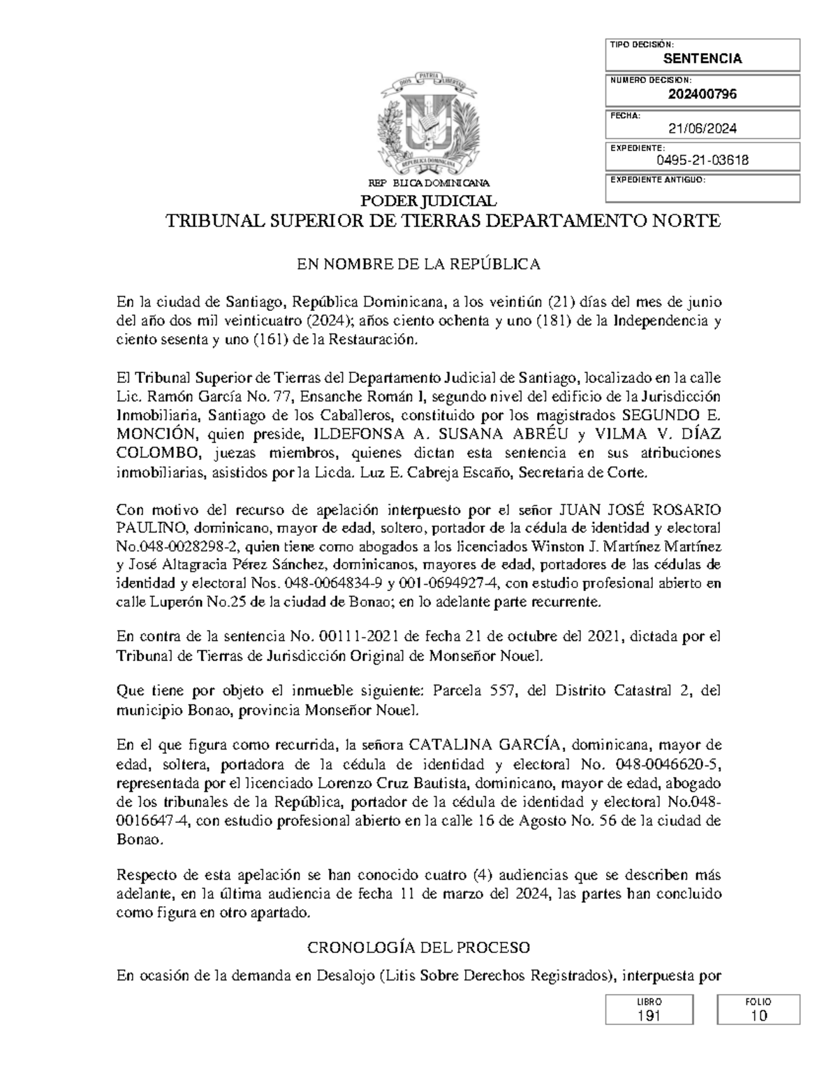 Sentencia Definitiva del Tribunal Superior de Tierras No. 202400796 ...