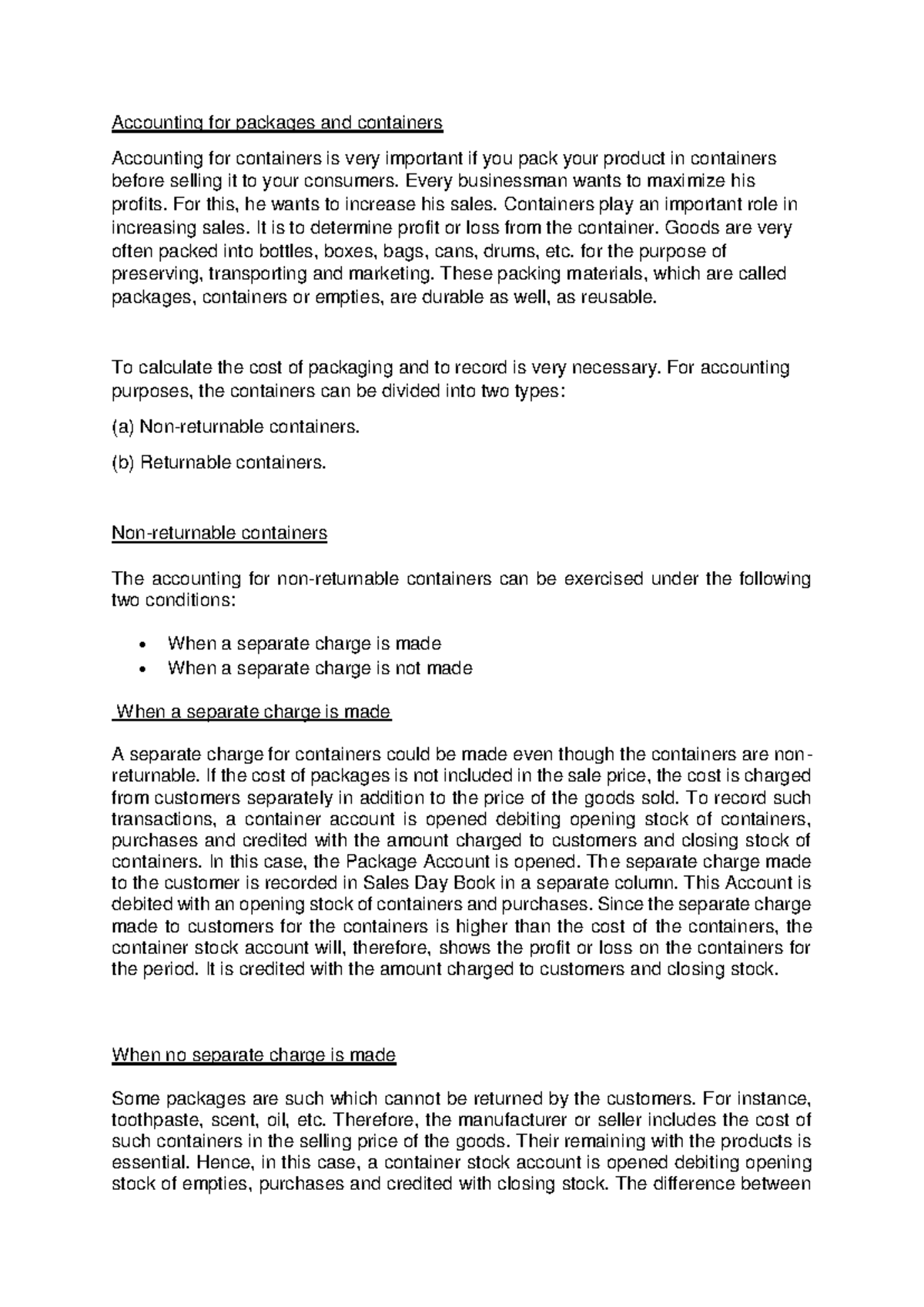 Accounting for packages and containers - bcom finance - UoK - Studocu