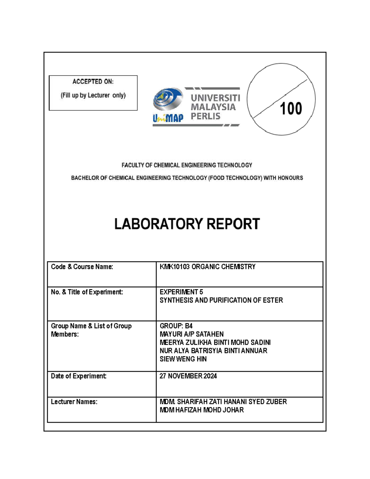 Experiment 5: Synthesis & Purification of Ester - KMK10103 - Studocu