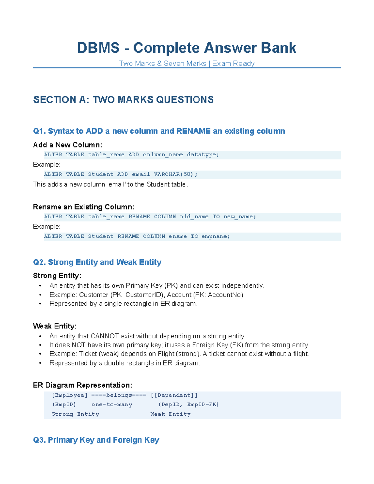 DBMS 7 Marks Exam: SQL Syntax and Entity Relationship Concepts - Studocu