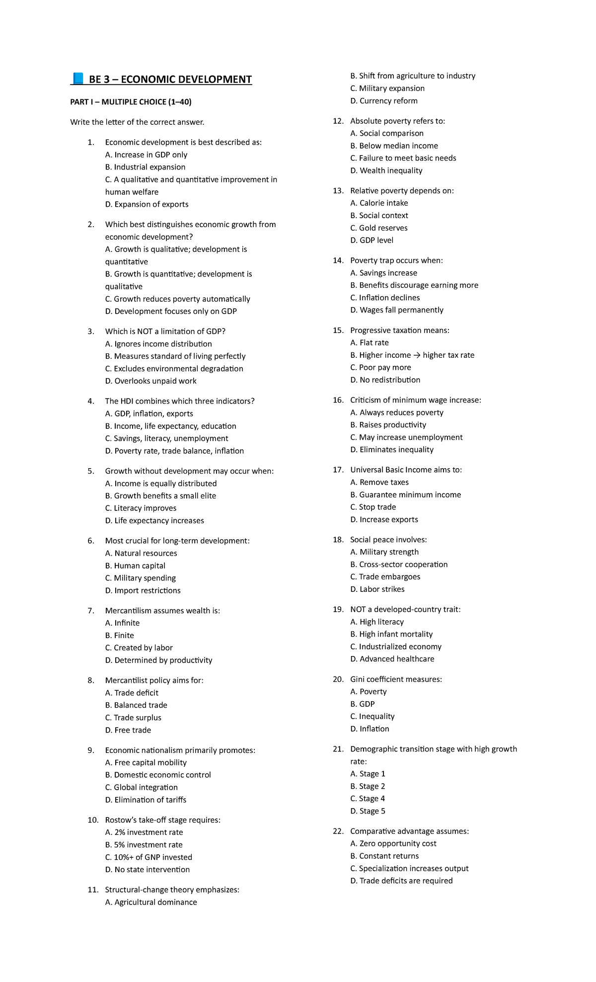 BE 3 ECONOMIC DEVELOPMENT PART I MULTIPLE CHOICE QUESTIONS - Studocu