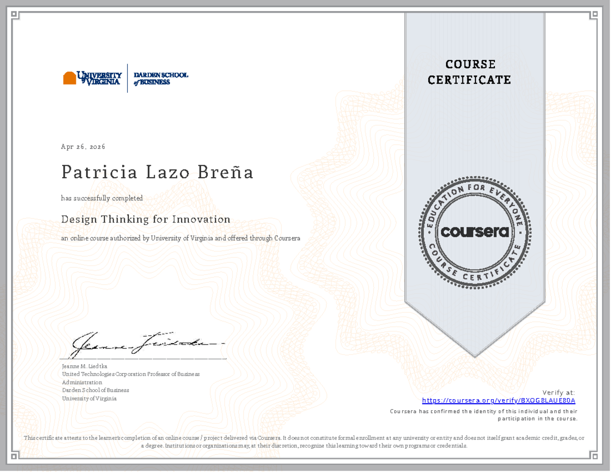 Design Thinking for Innovation Course Completion - UVA - Studocu