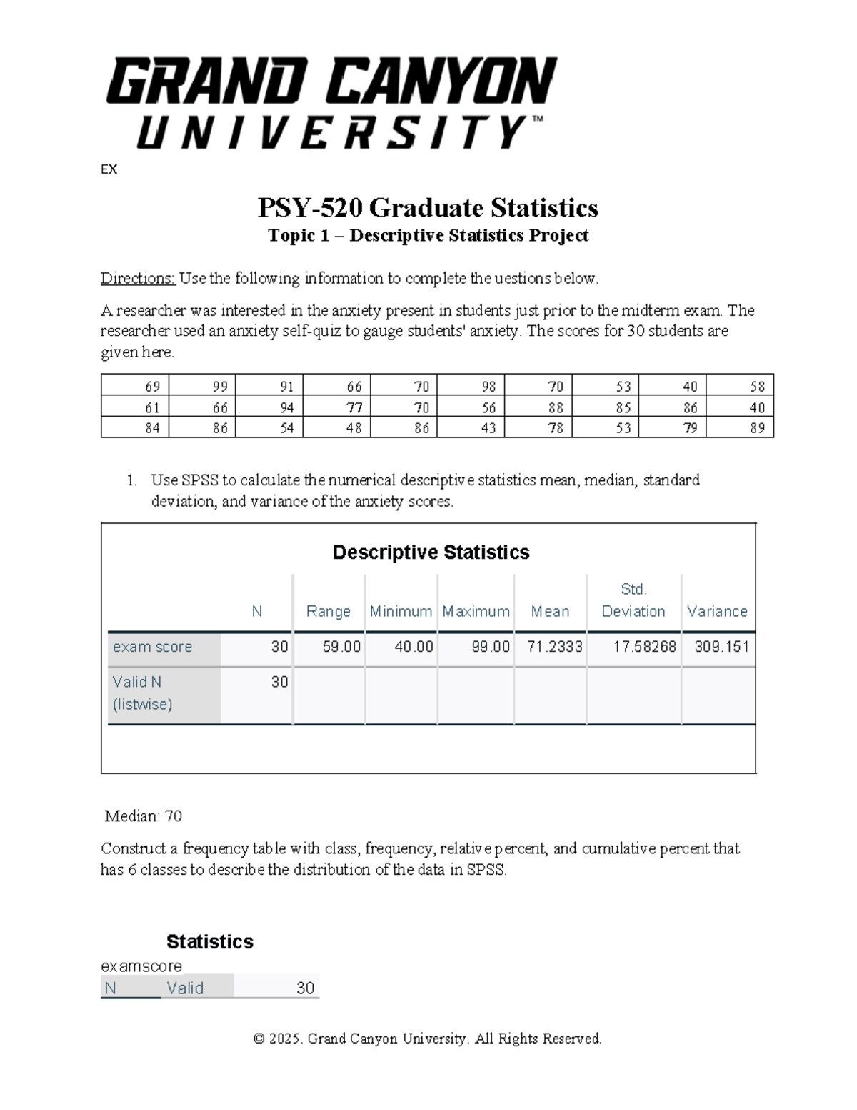 PSY520 RS T1 Descriptive Statistics Project on Student Anxiety Scores ...