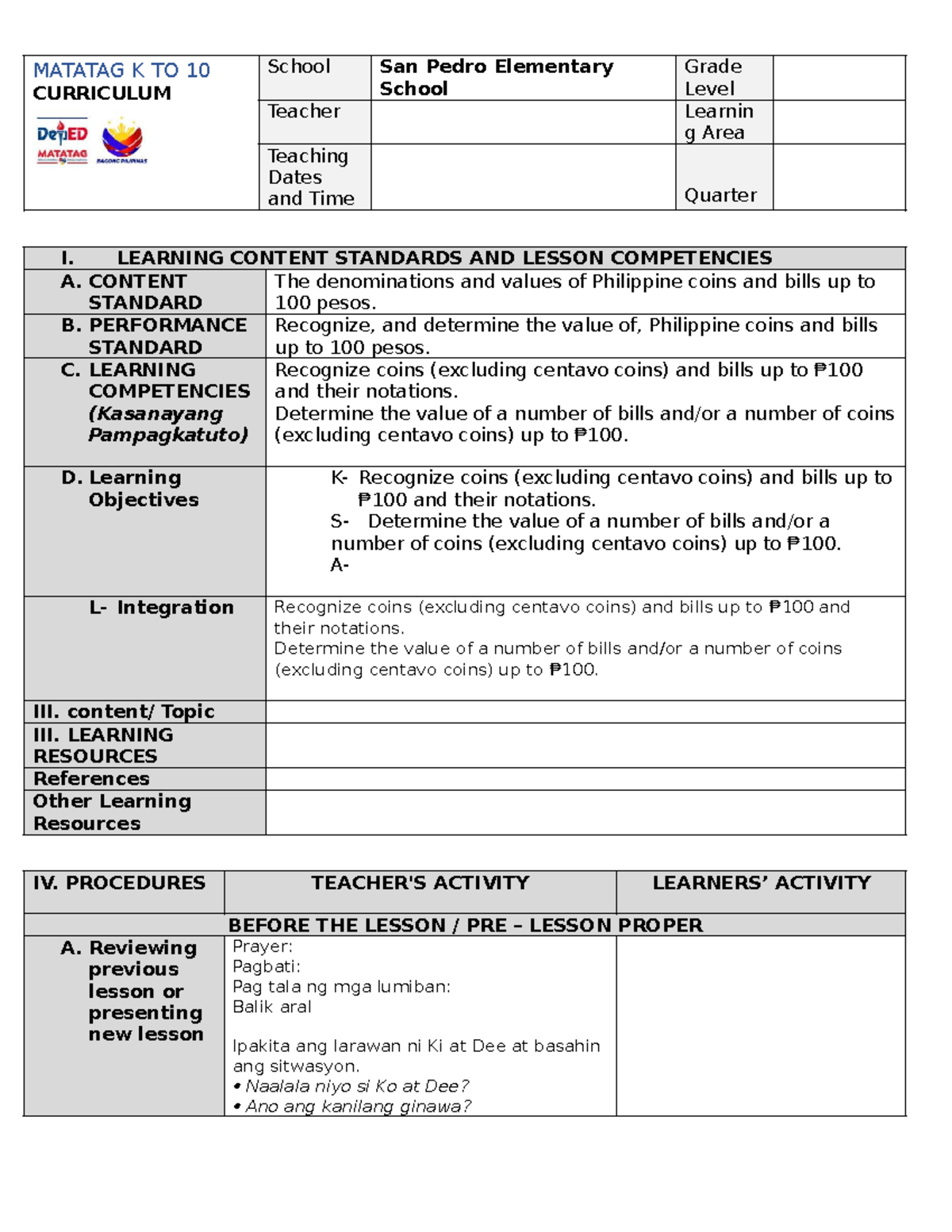 Lesson Plan: Mathematics K to 10 Curriculum - San Pedro Elementary ...
