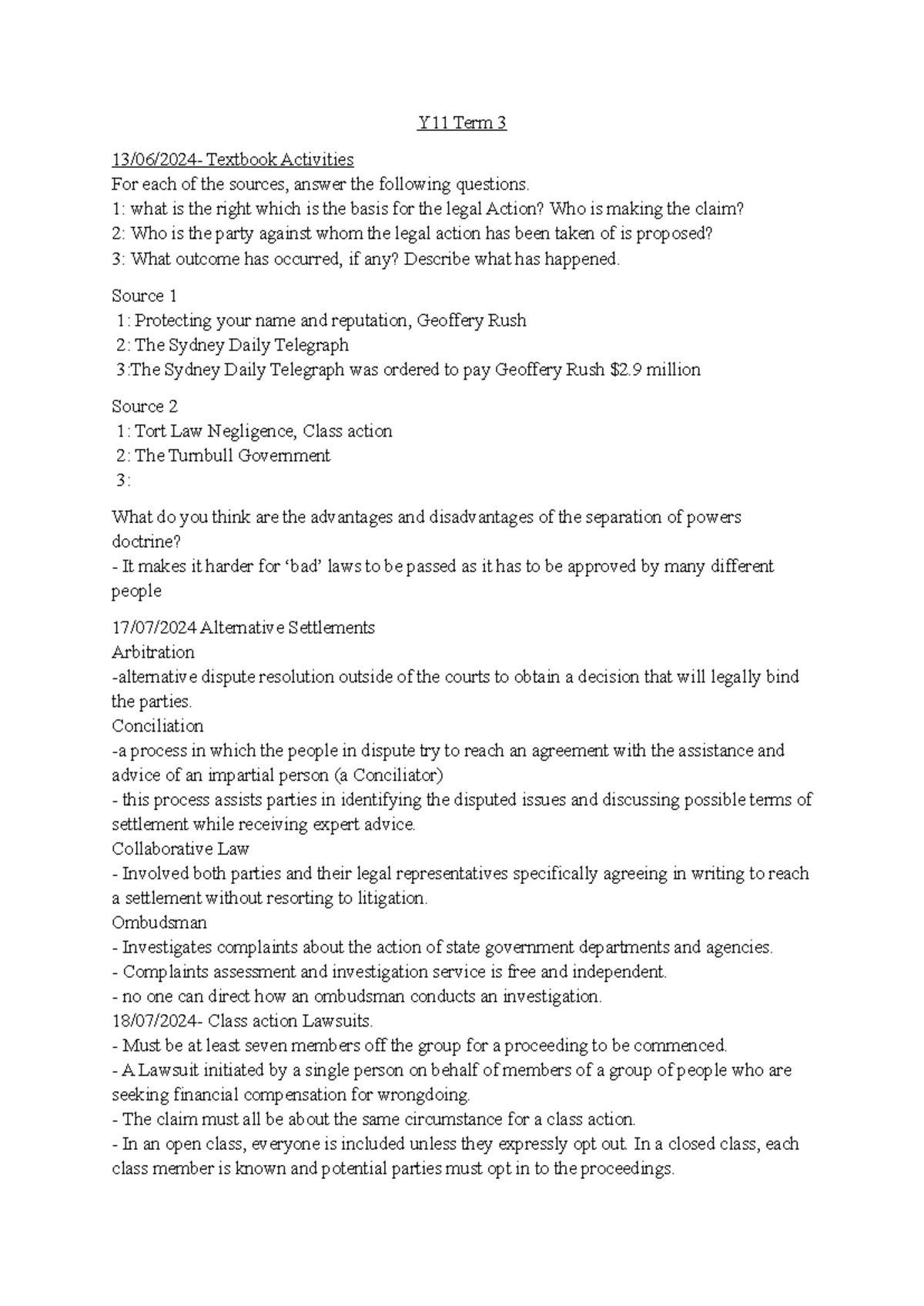 Y11/12 Legal Studies Notes: Key Concepts & Case Studies - Studocu