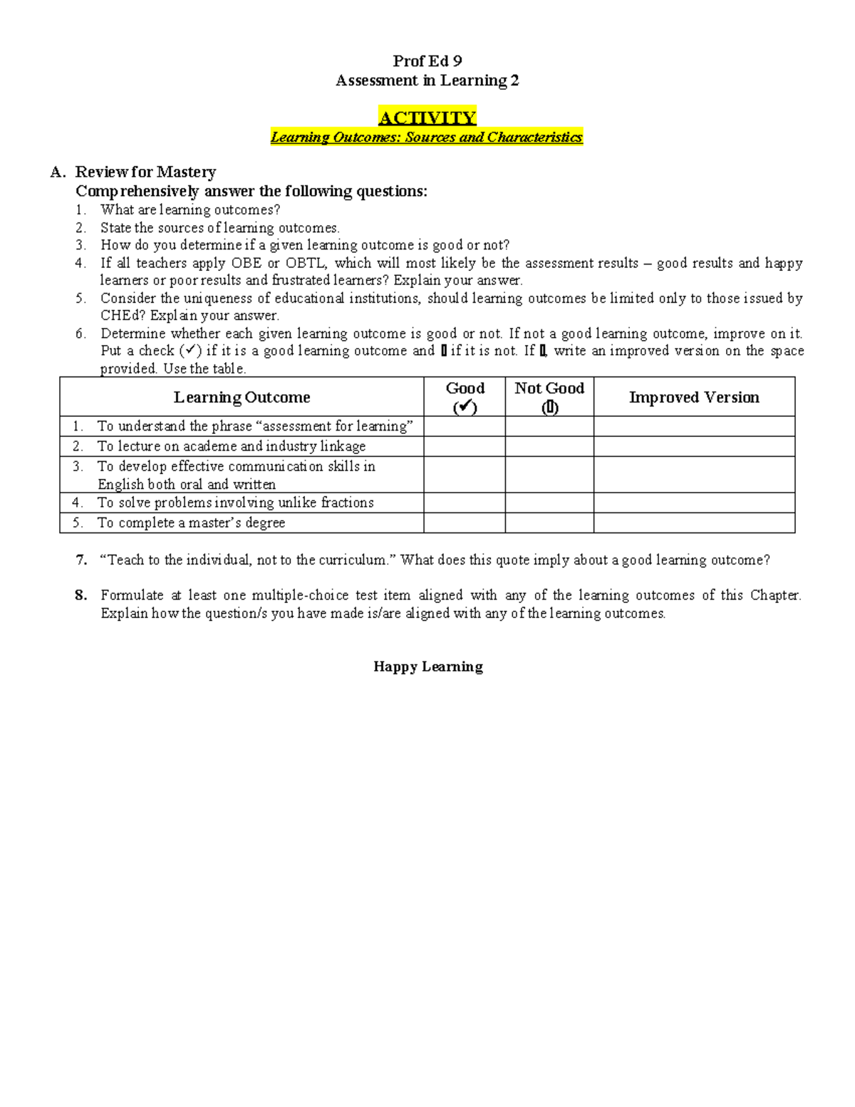ED 9 - Assessment in Learning 2: Activity 3.1 Learning Outcomes ...