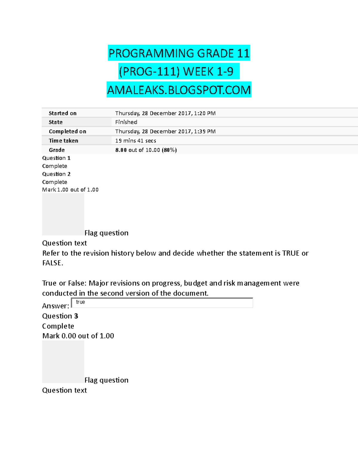Programming (PROG-111) Grade 11 - Week 1-9 Review and Results - Studocu
