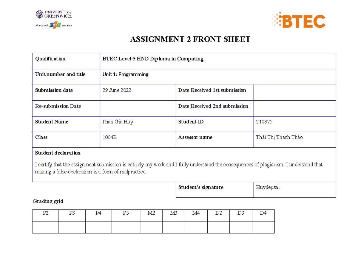 Phan Gia Huy-210875-ASS2 - ASSIGNMENT 2 FRONT SHEET Qualification BTEC ...