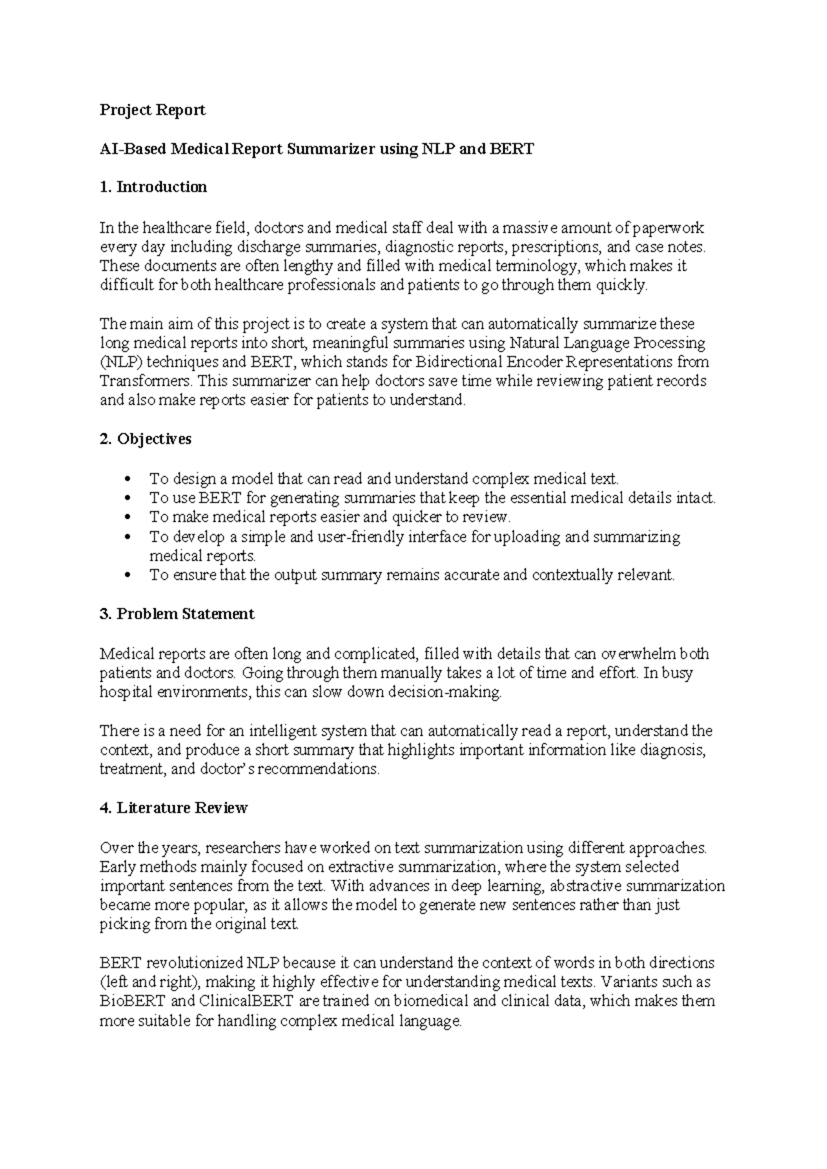 Project Report: Medical Report Summarizer Using NLP & BERT - Studocu