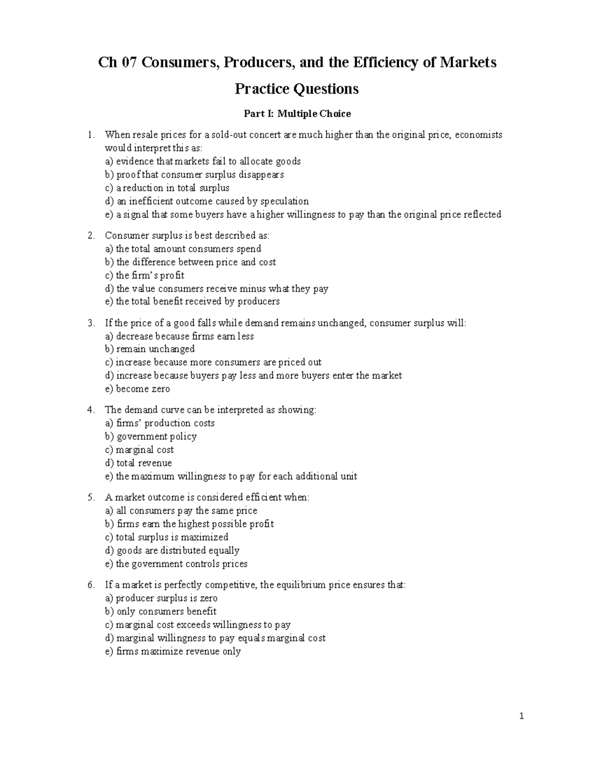 Ch 07 Consumers, Producers, and Market Efficiency Practice Questions ...