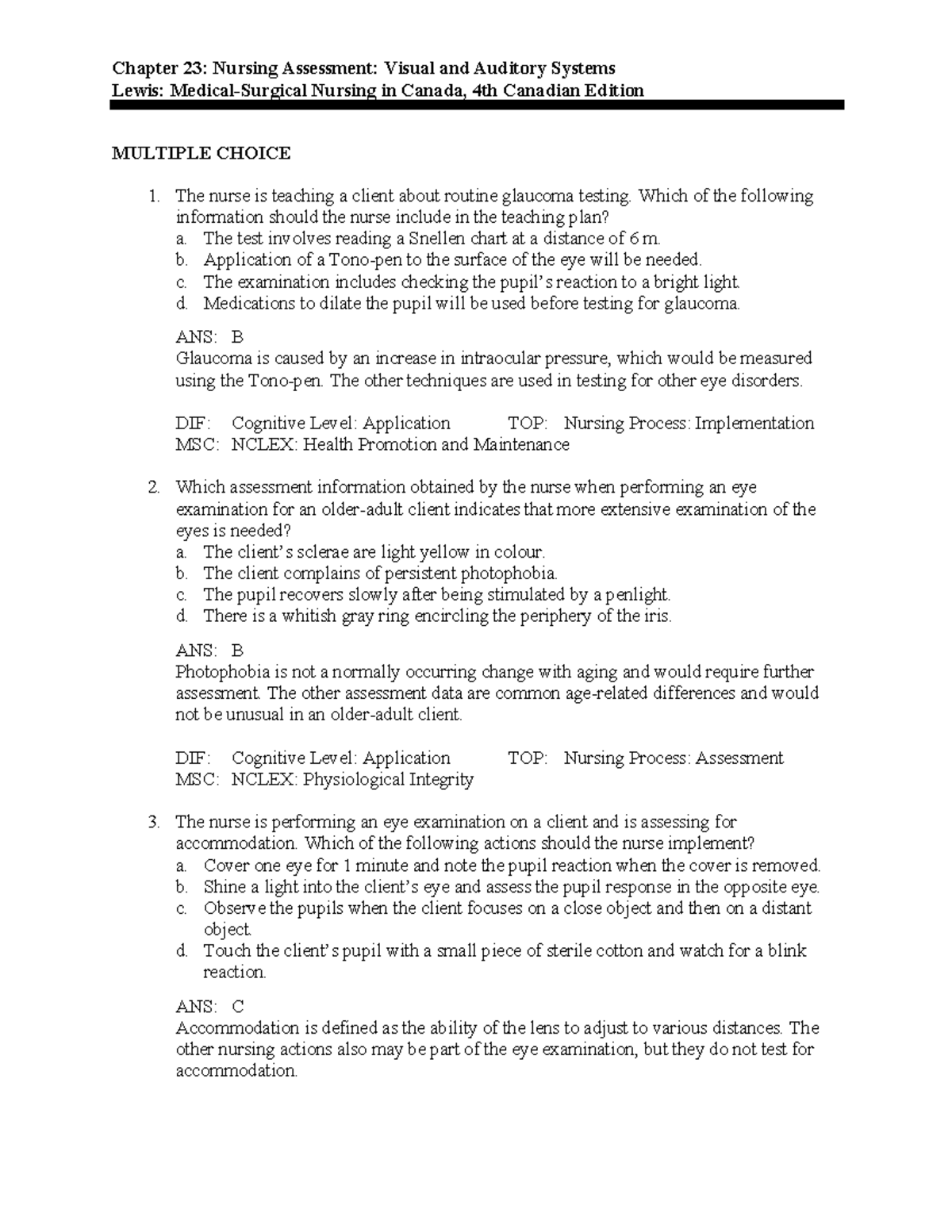 Medsurg Chapter 23: Nursing Assessment of Visual and Auditory Systems ...