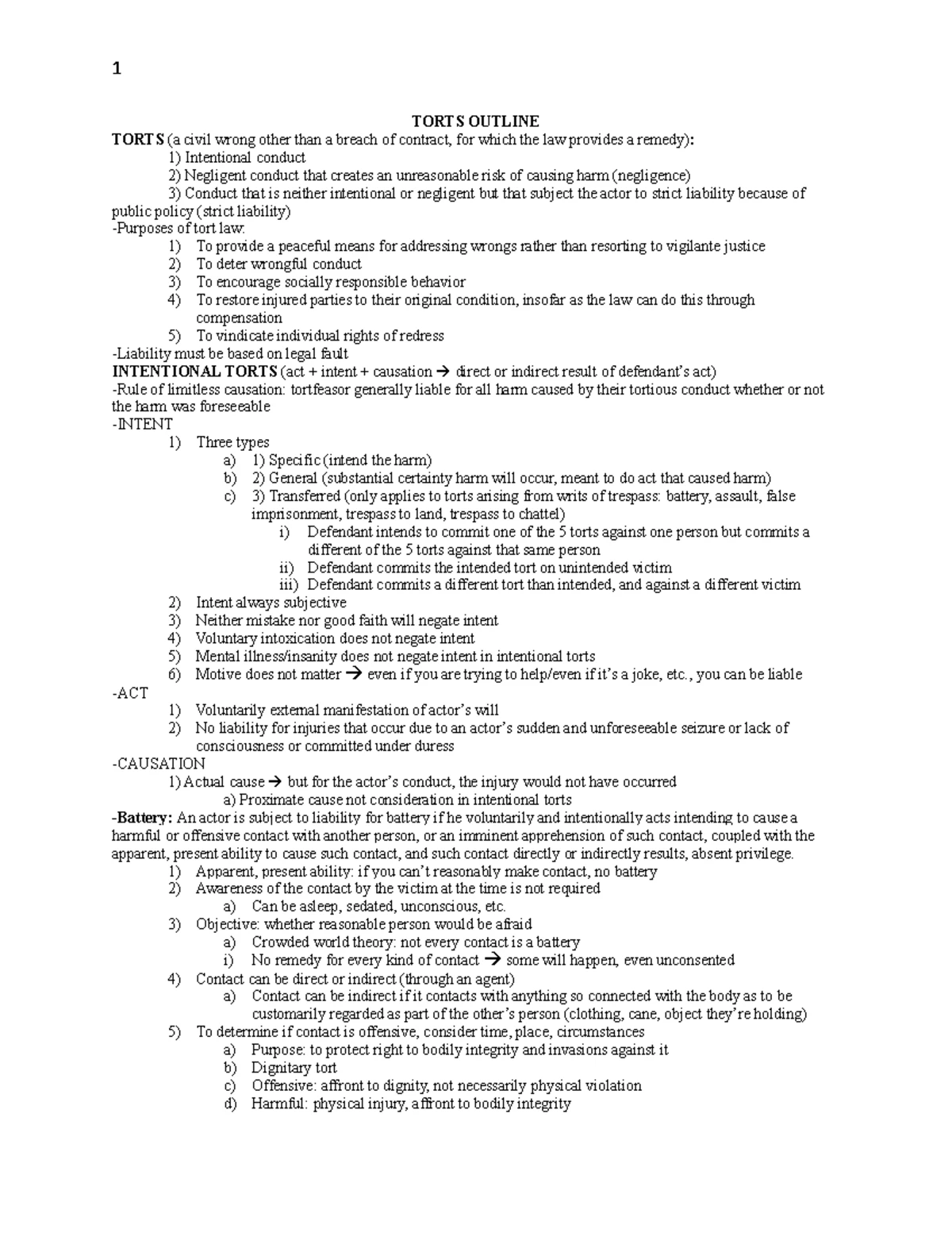 Torts I Outline - Key Concepts and Defenses Explained - Studocu