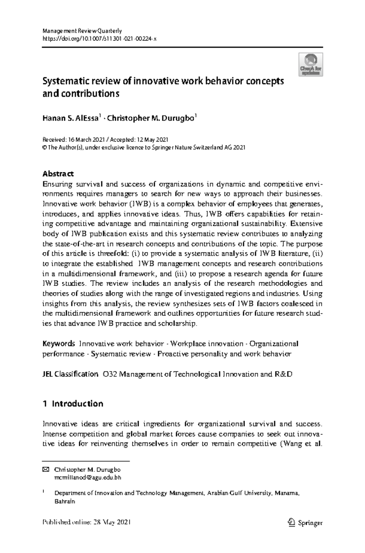 Systematic Review of Innovative Work Behavior Concepts - MGT 101 - Studocu