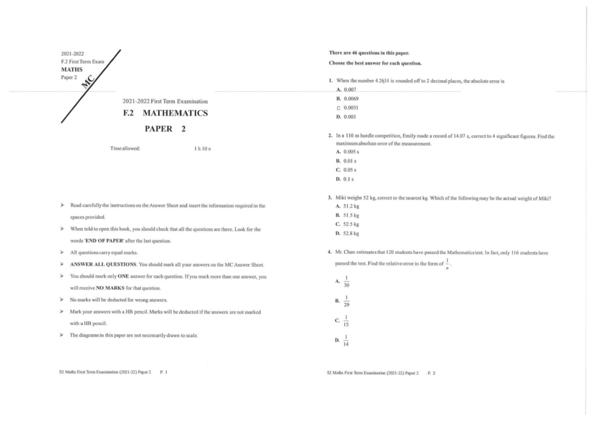 S2 Maths F.2 First Term Exam Paper 2 Questions and Answers - Studocu