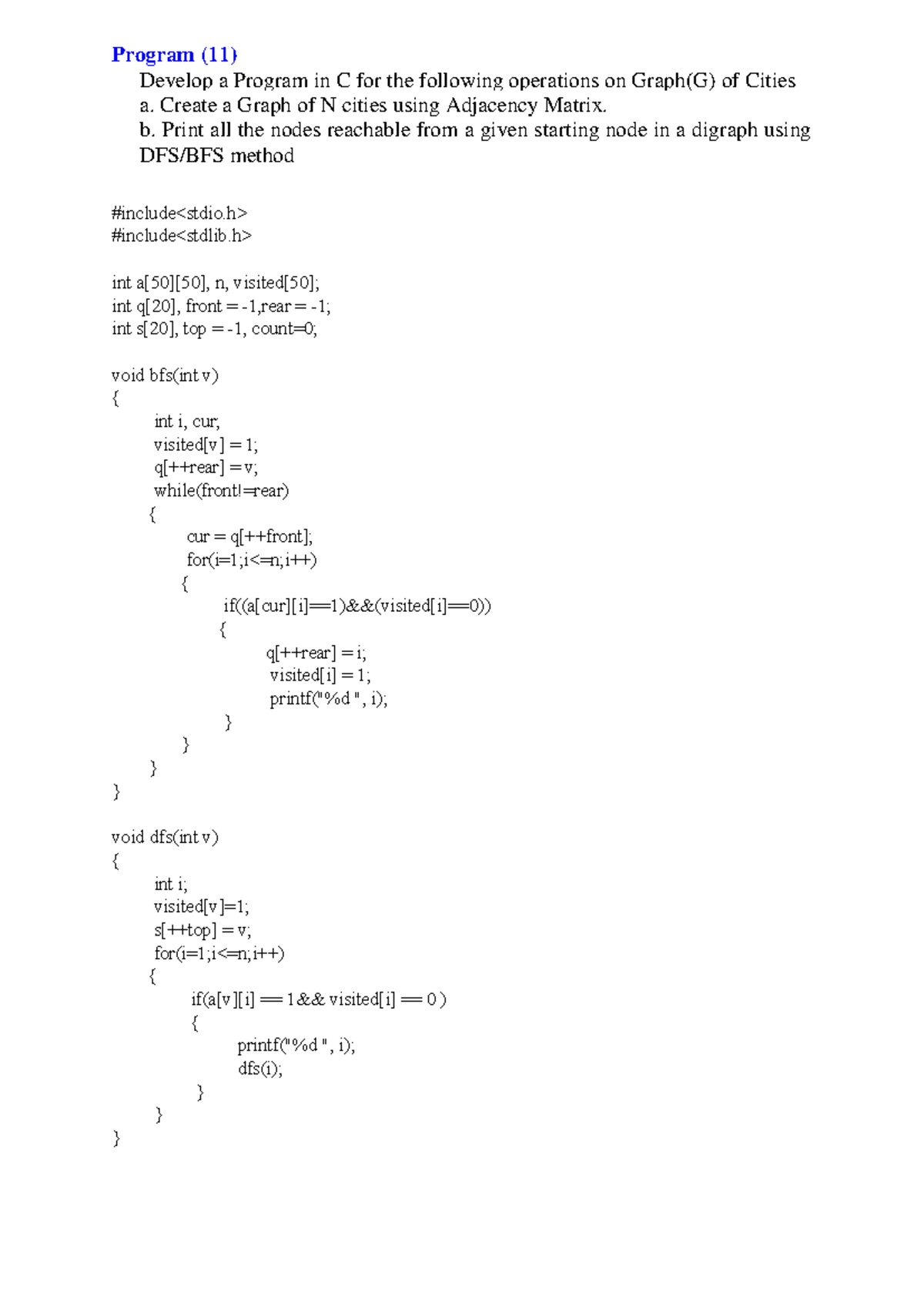 DS-Lab 11: C Program for Graph Operations on Cities - Studocu