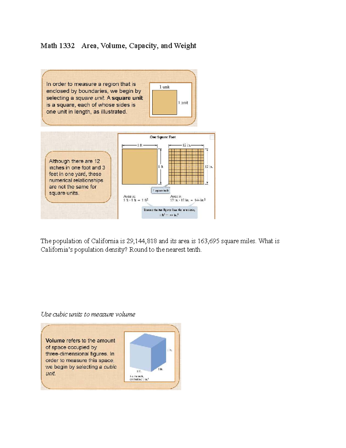 Math 1332 Final Exam Review: Area, Volume, Capacity, & Weight - Math ...