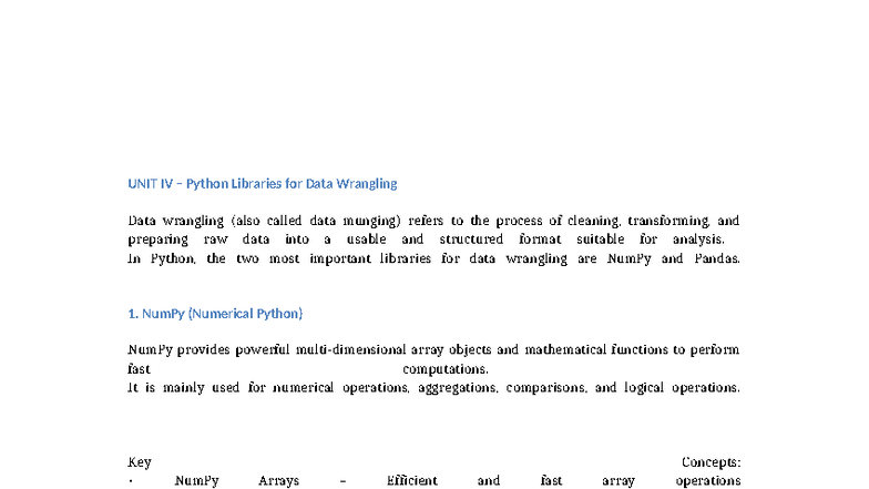 UNIT IV & V - Python Libraries for Data Wrangling & Visualization - Studocu