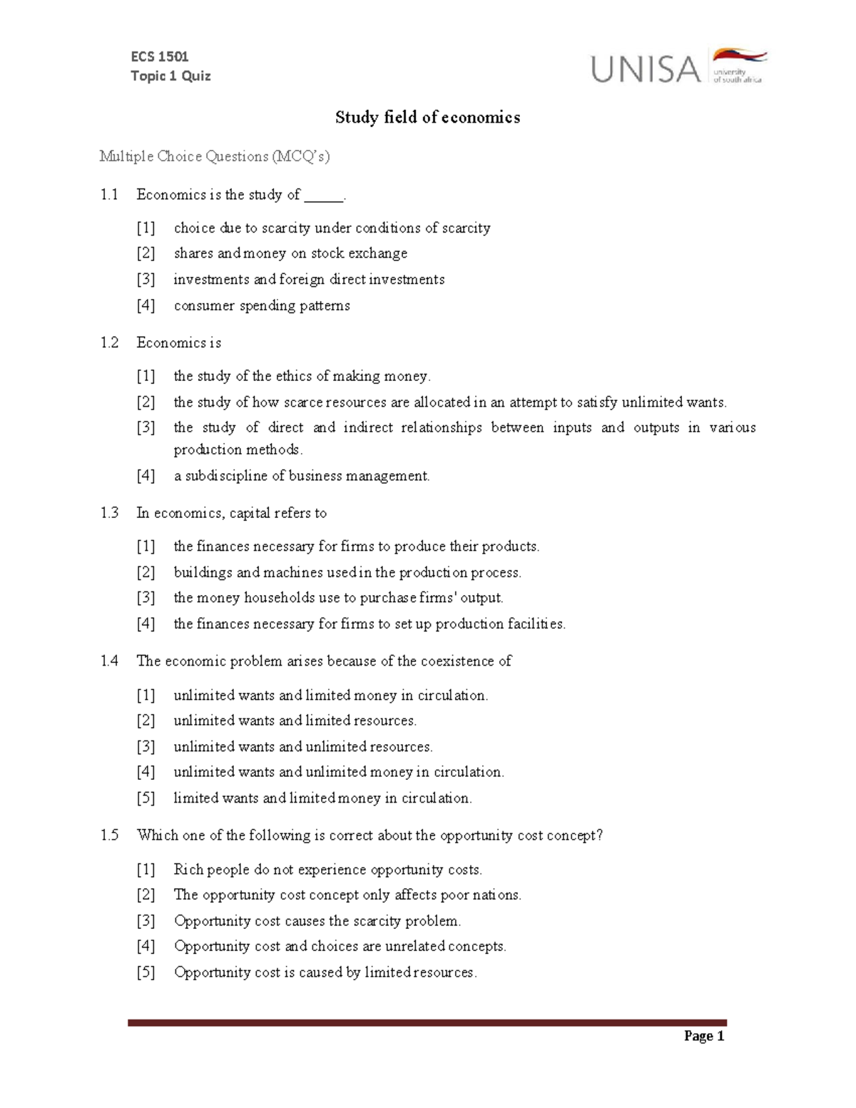 Quiz 1: Economics MCQs on Chapter 1 - ECS Course - Studocu