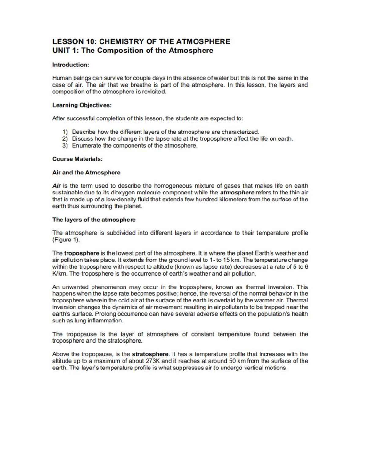 Chemistry for Engineers - LESSON 10: CHEMISTRY OF THE ATMOSPHERE UNIT 1 ...