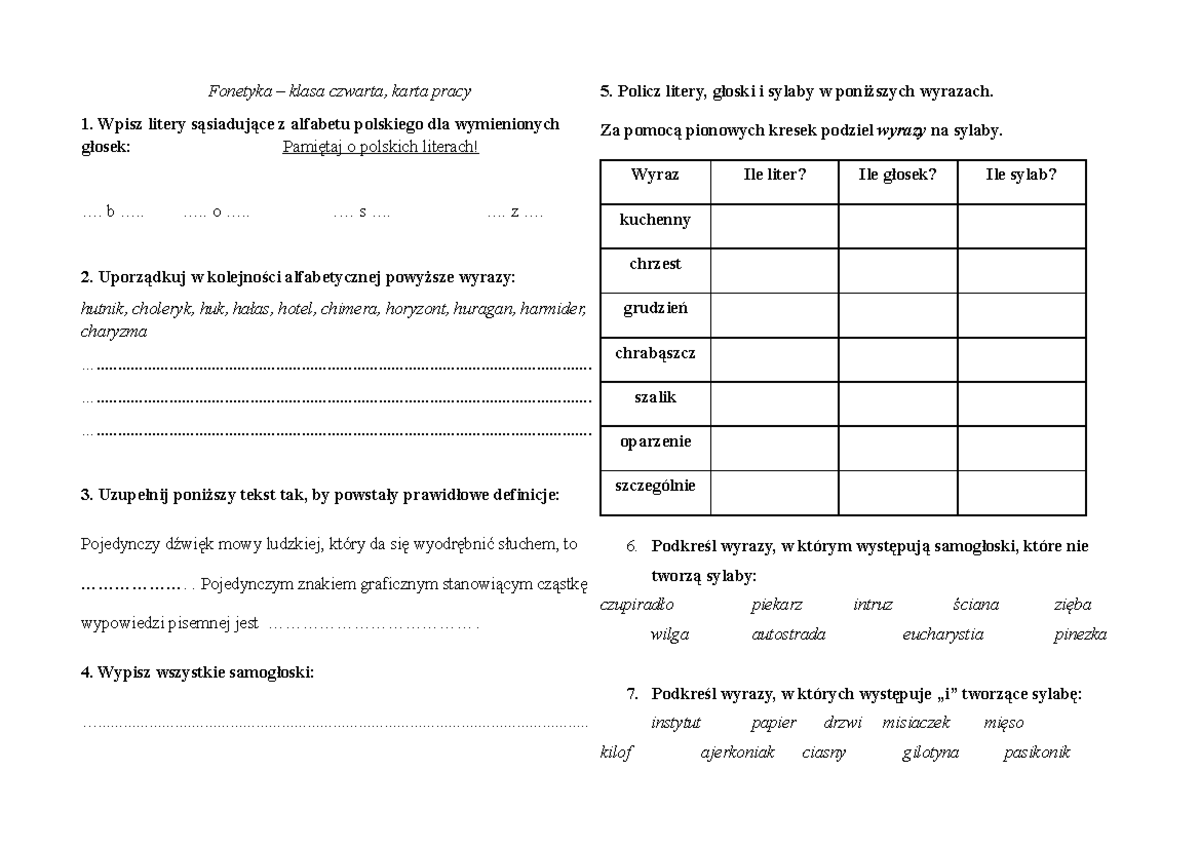 Fonetyka Sprawdzian Klasa 7 Z Odpowiedziami Fonetyka sprawdzian klasa 4 - Fonetyka – klasa czwarta, karta pracy